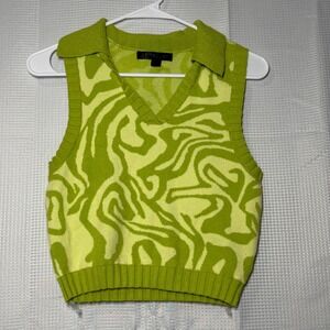 Say What? Sweater Vest Kids M Lime Green Psychedelic Swirl Knit Collared